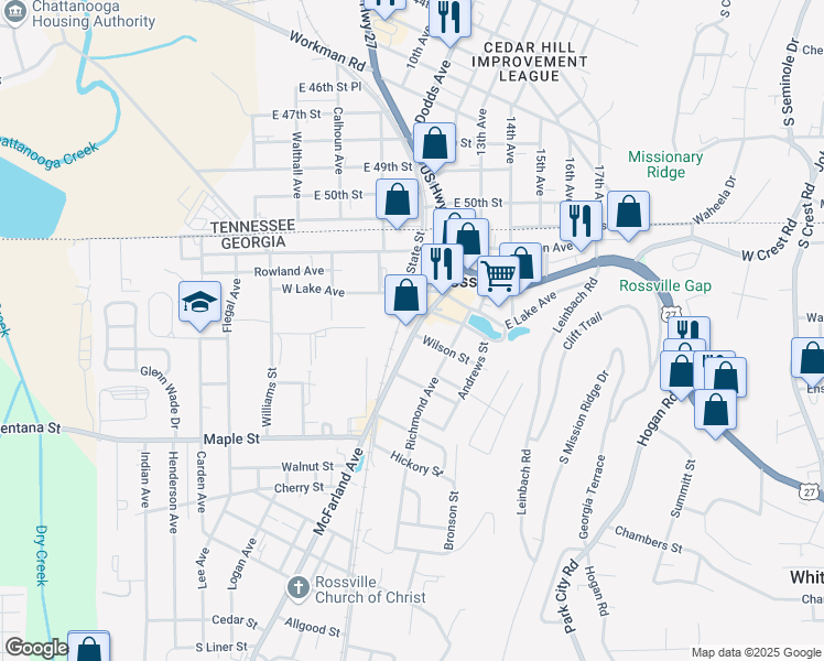 map of restaurants, bars, coffee shops, grocery stores, and more near 94 Wilson Street in Rossville