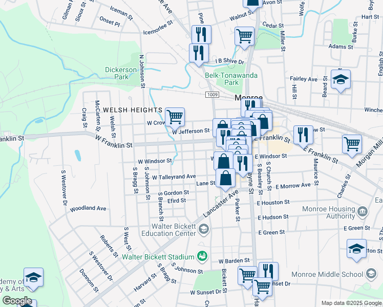 map of restaurants, bars, coffee shops, grocery stores, and more near 103 North Crawford Street in Monroe