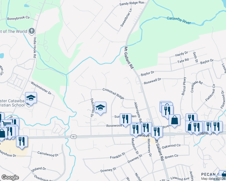 map of restaurants, bars, coffee shops, grocery stores, and more near 2190 Crosstrail Ridge in Rock Hill