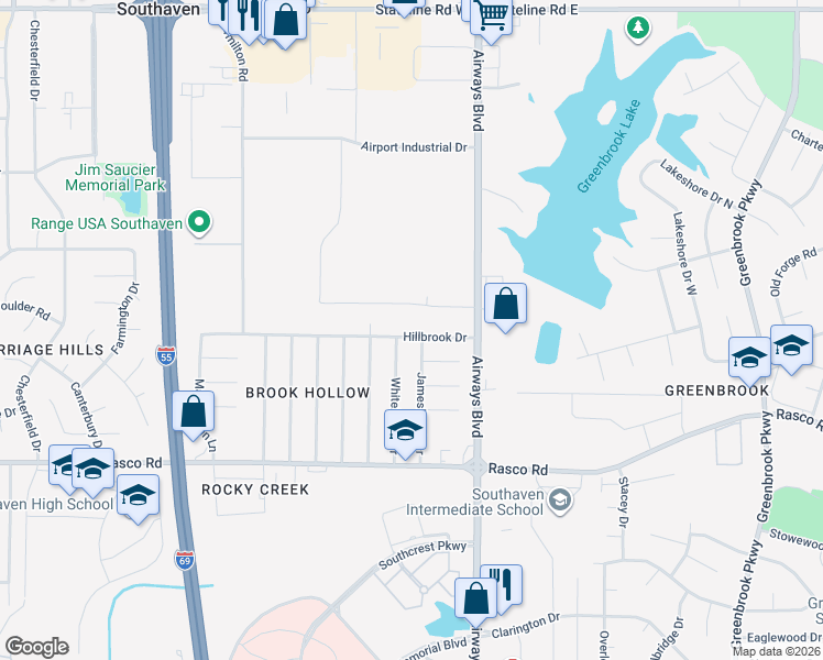 map of restaurants, bars, coffee shops, grocery stores, and more near 148 Hillbrook Drive in Southaven