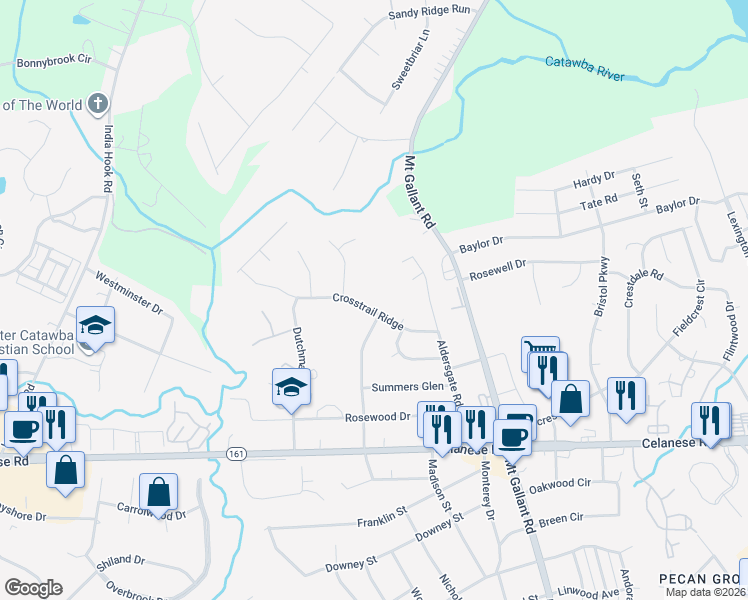 map of restaurants, bars, coffee shops, grocery stores, and more near 2190 Crosstrail Ridge in Rock Hill
