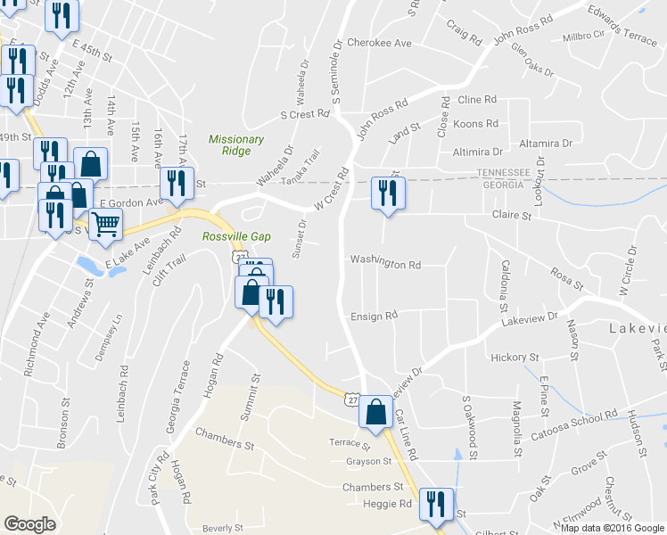 map of restaurants, bars, coffee shops, grocery stores, and more near 1201 South Crest Road in Rossville