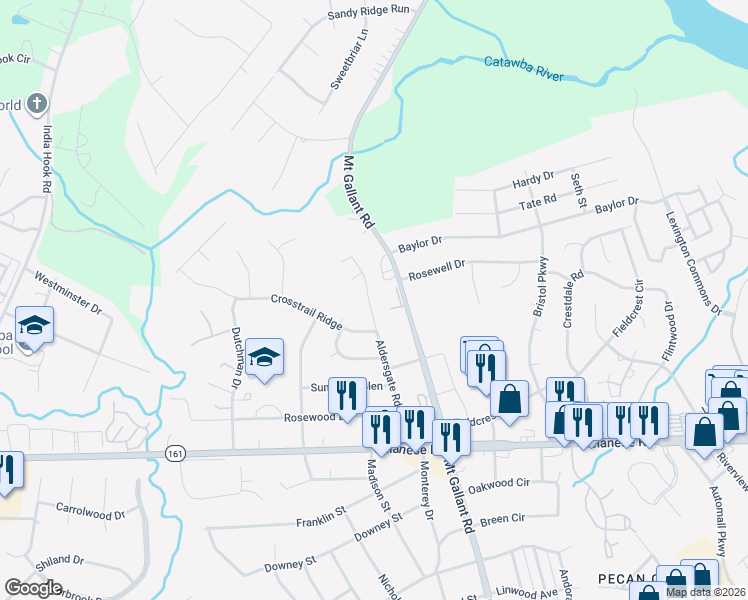 map of restaurants, bars, coffee shops, grocery stores, and more near 2038 Aldersgate Road in Rock Hill