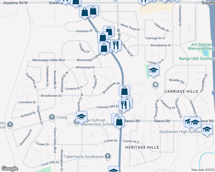 map of restaurants, bars, coffee shops, grocery stores, and more near 1592 Brookhaven Drive in Southaven