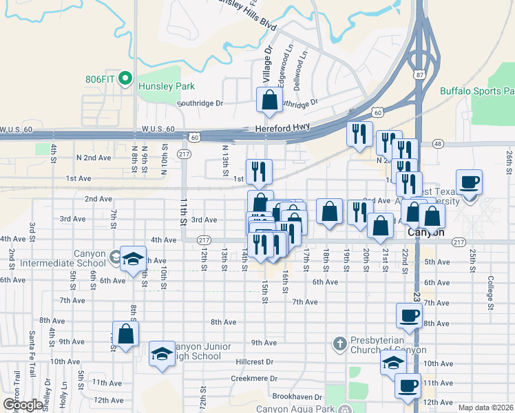 map of restaurants, bars, coffee shops, grocery stores, and more near 1400 2nd Avenue in Canyon