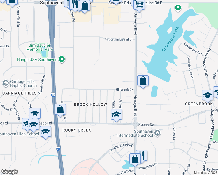 map of restaurants, bars, coffee shops, grocery stores, and more near 228 Hillbrook Drive in Southaven