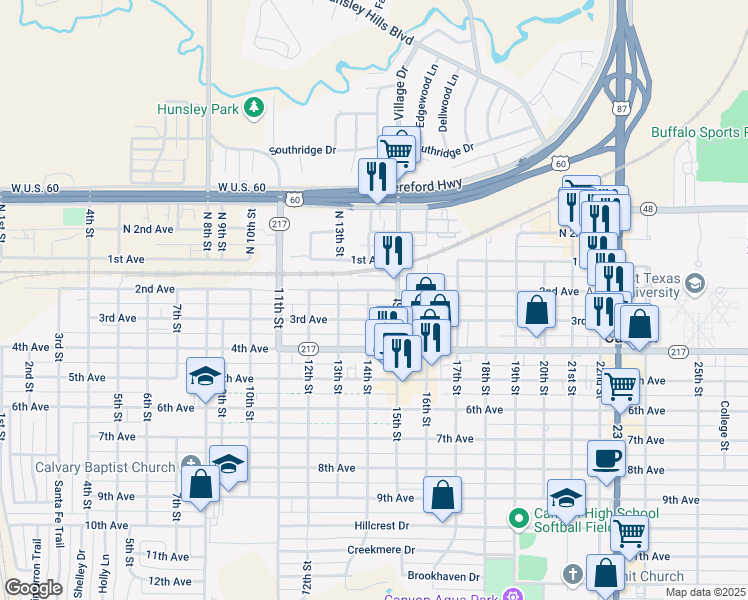 map of restaurants, bars, coffee shops, grocery stores, and more near 1400 2nd Avenue in Canyon