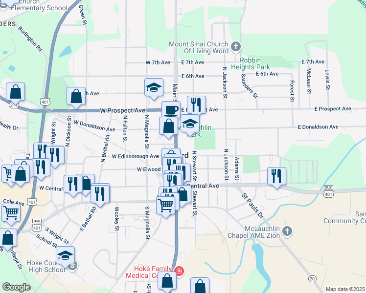 map of restaurants, bars, coffee shops, grocery stores, and more near 308 North Main Street in Raeford