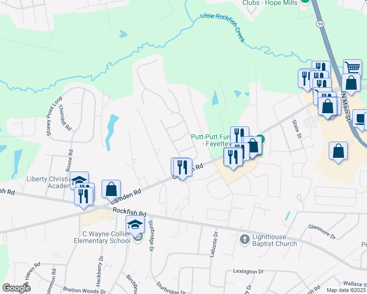 map of restaurants, bars, coffee shops, grocery stores, and more near 5908 Whitebridge Lane in Fayetteville