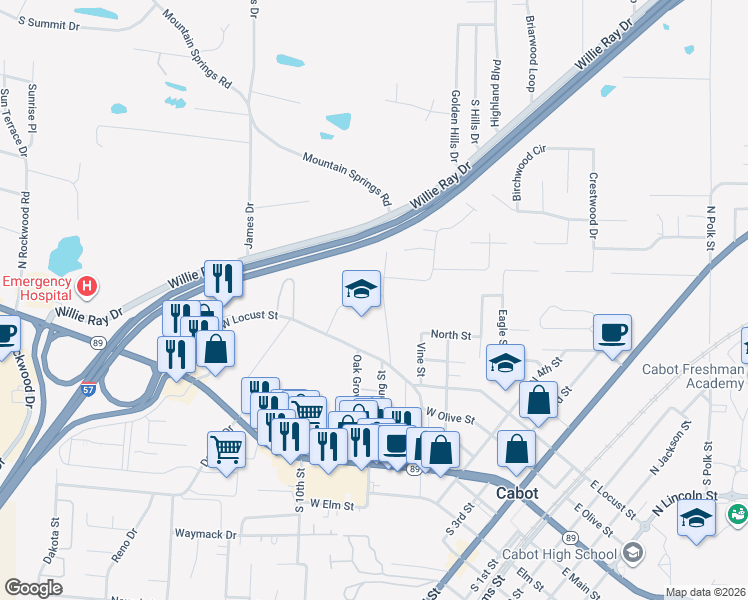 map of restaurants, bars, coffee shops, grocery stores, and more near 606 Mountain Springs Road in Cabot