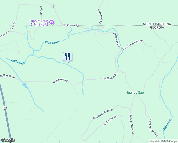 map of restaurants, bars, coffee shops, grocery stores, and more near 999 Wolf Creek Road in Mineral Bluff