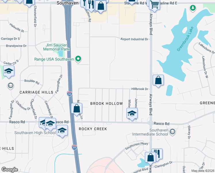 map of restaurants, bars, coffee shops, grocery stores, and more near 404 Hillbrook Drive in Southaven