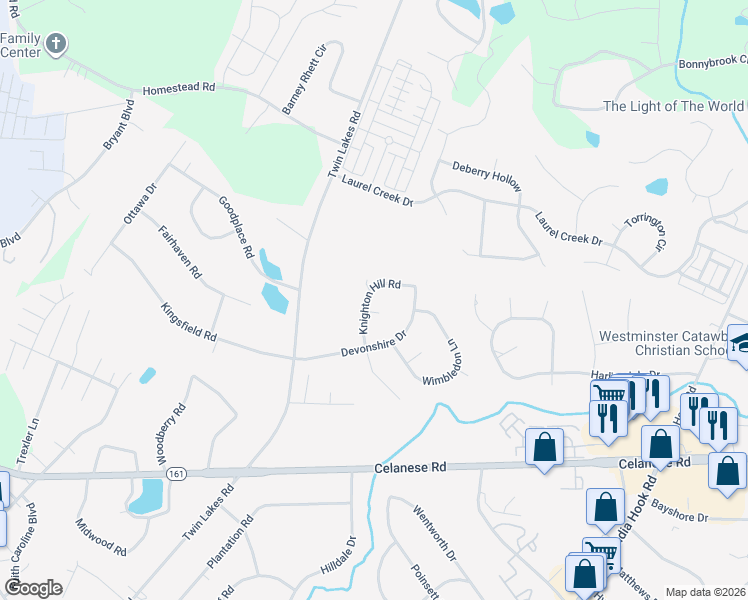 map of restaurants, bars, coffee shops, grocery stores, and more near 635 Knighton Hill Road in Rock Hill