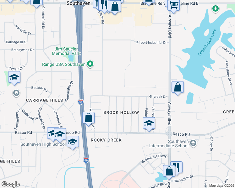 map of restaurants, bars, coffee shops, grocery stores, and more near 404 Hillbrook Drive in Southaven