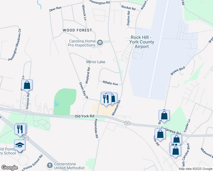 map of restaurants, bars, coffee shops, grocery stores, and more near 4255 Wesley Wood Drive in Rock Hill