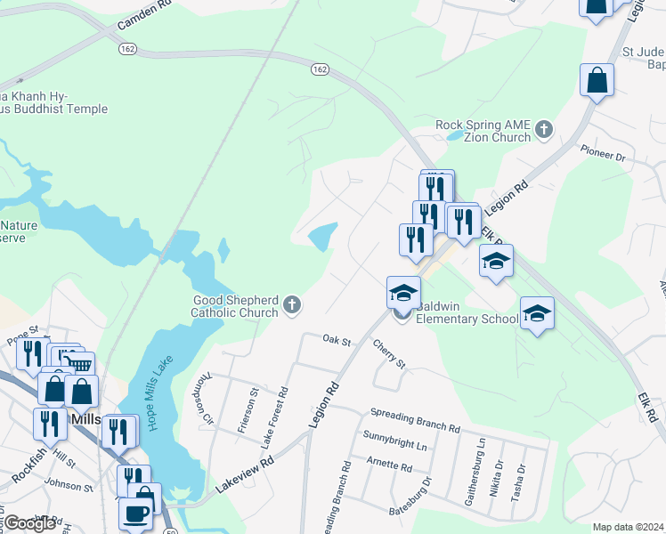 map of restaurants, bars, coffee shops, grocery stores, and more near 4936 Catalpa Circle in Hope Mills