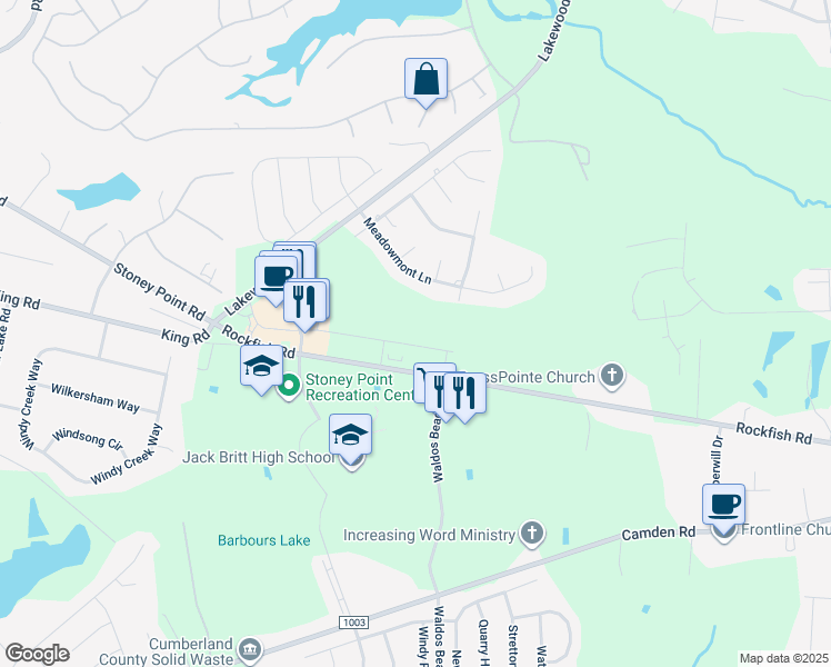 map of restaurants, bars, coffee shops, grocery stores, and more near 6578-7046 Rockfish Road in Fayetteville