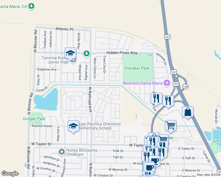 map of restaurants, bars, coffee shops, grocery stores, and more near 519 West Taylor Street in Santa Maria