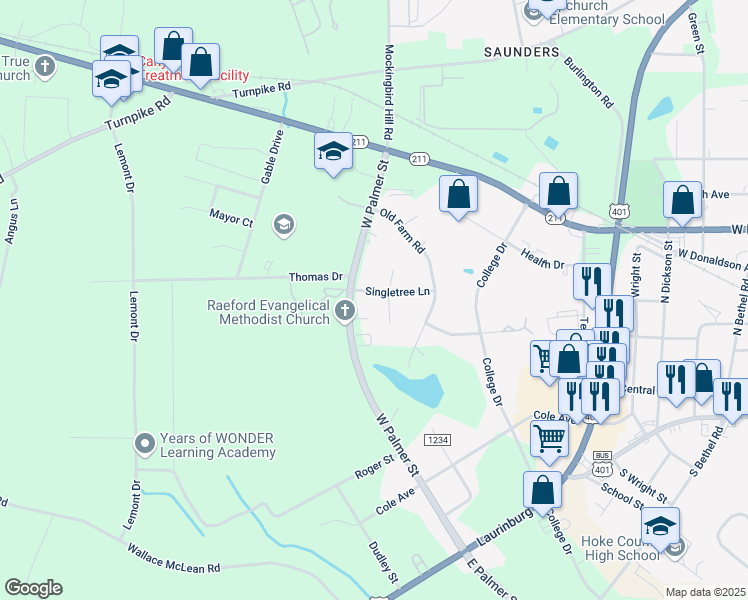 map of restaurants, bars, coffee shops, grocery stores, and more near 398 West Palmer Street in Raeford