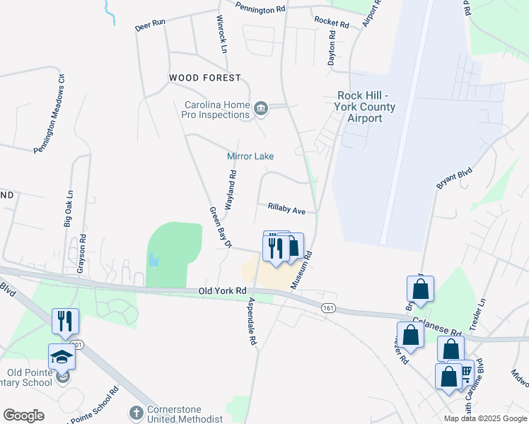 map of restaurants, bars, coffee shops, grocery stores, and more near 4255 Wesley Wood Drive in Rock Hill