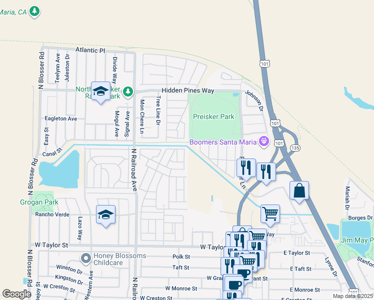 map of restaurants, bars, coffee shops, grocery stores, and more near 348 Channel Drive in Santa Maria