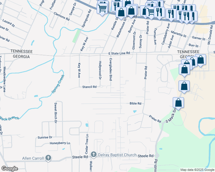 map of restaurants, bars, coffee shops, grocery stores, and more near 61 Ota Kay Lane in Rossville