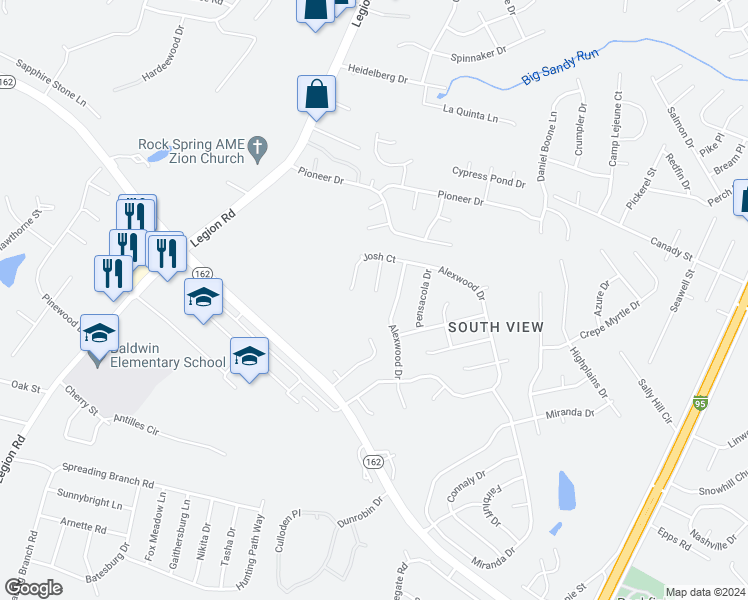 map of restaurants, bars, coffee shops, grocery stores, and more near 4533 Broadway Court in Hope Mills