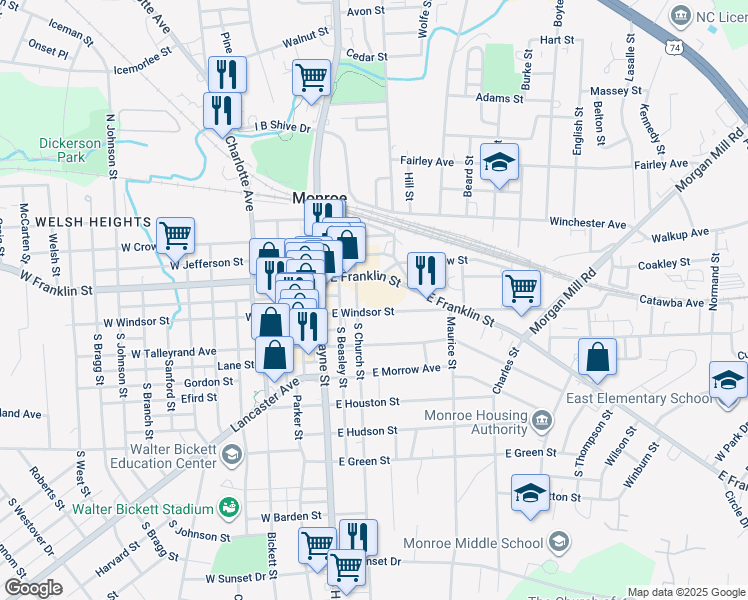 map of restaurants, bars, coffee shops, grocery stores, and more near 318 East Franklin Street in Monroe
