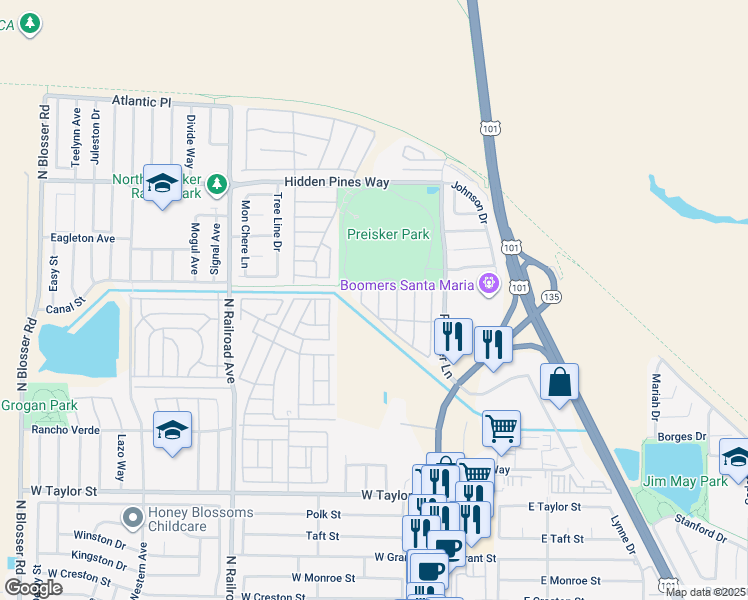 map of restaurants, bars, coffee shops, grocery stores, and more near 2219 Iliff Lane in Santa Maria