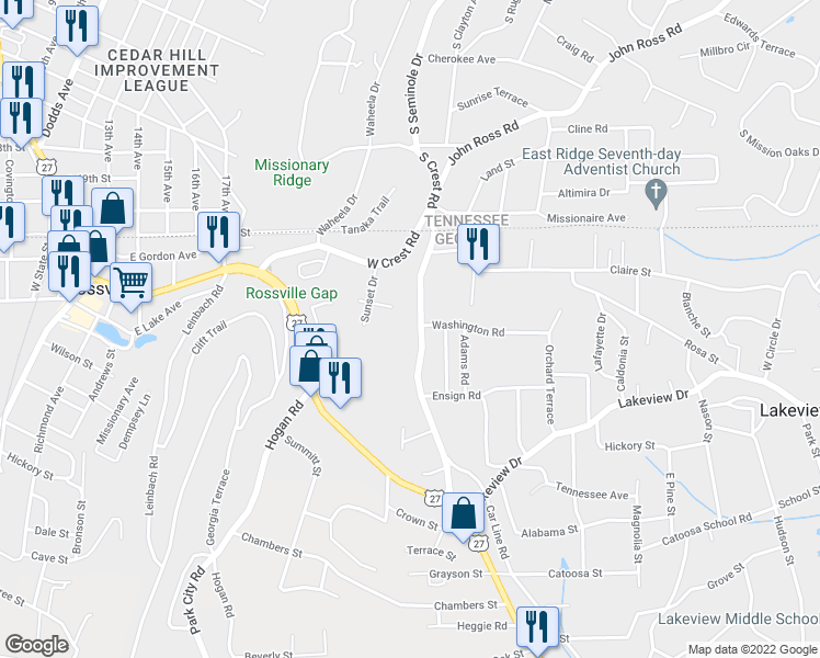 map of restaurants, bars, coffee shops, grocery stores, and more near 1201 South Crest Road in Rossville