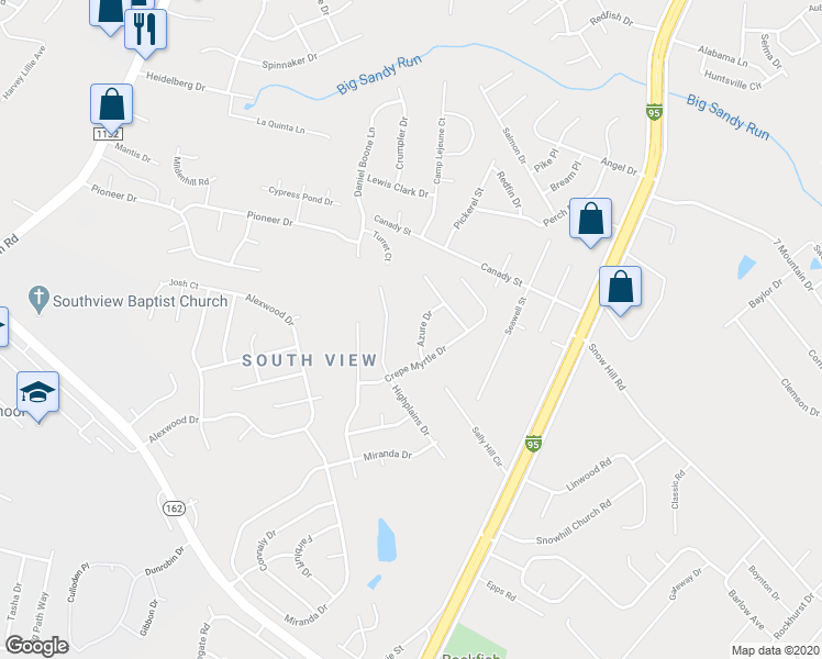 map of restaurants, bars, coffee shops, grocery stores, and more near 5721 Azure Drive in Hope Mills