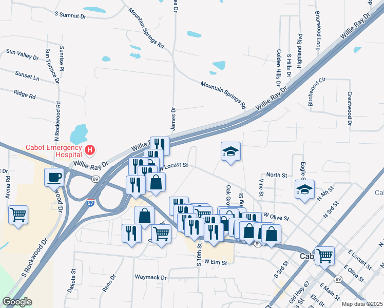 map of restaurants, bars, coffee shops, grocery stores, and more near 1010 West Locust Street in Cabot