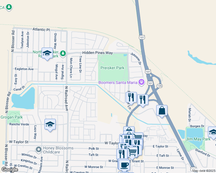 map of restaurants, bars, coffee shops, grocery stores, and more near 2219 Iliff Lane in Santa Maria