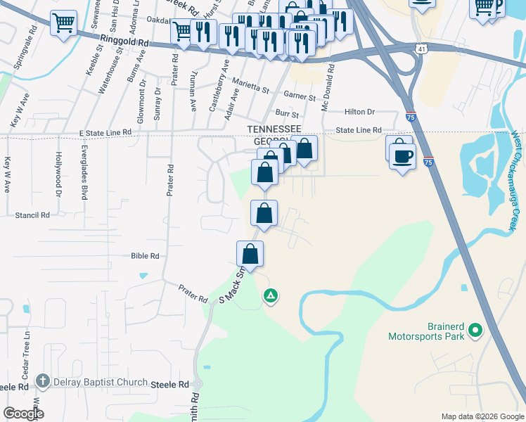 map of restaurants, bars, coffee shops, grocery stores, and more near 1835 South Mack Smith Road in Rossville