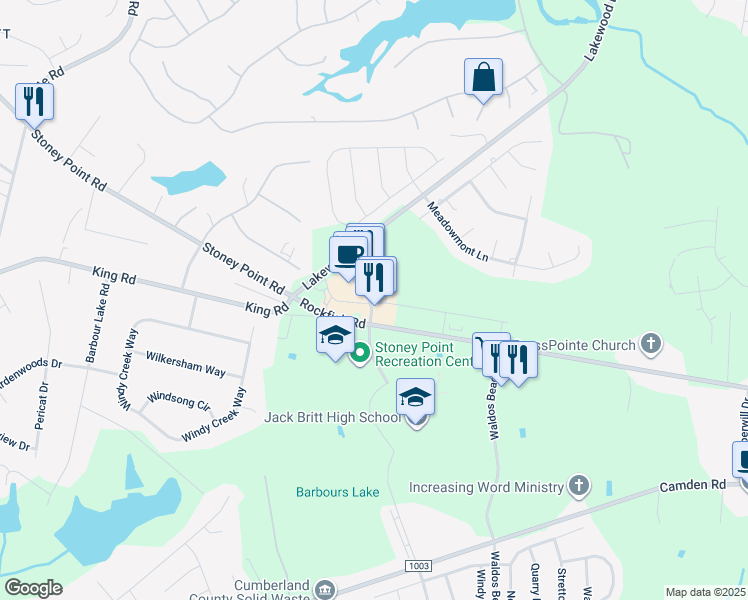 map of restaurants, bars, coffee shops, grocery stores, and more near 6578 Rockfish Road in Fayetteville