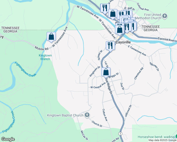 map of restaurants, bars, coffee shops, grocery stores, and more near 128 Kingtown Street in McCaysville