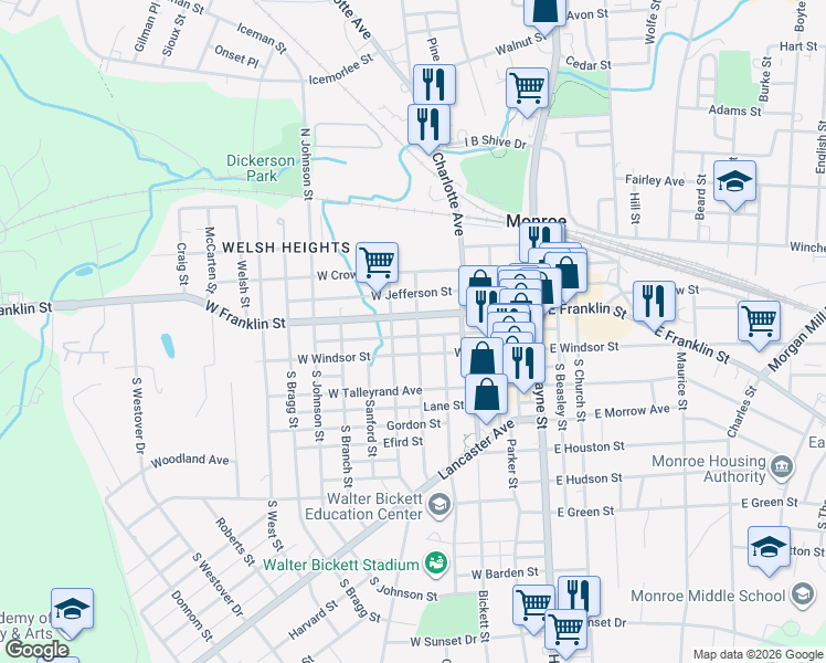 map of restaurants, bars, coffee shops, grocery stores, and more near 103 North Crawford Street in Monroe
