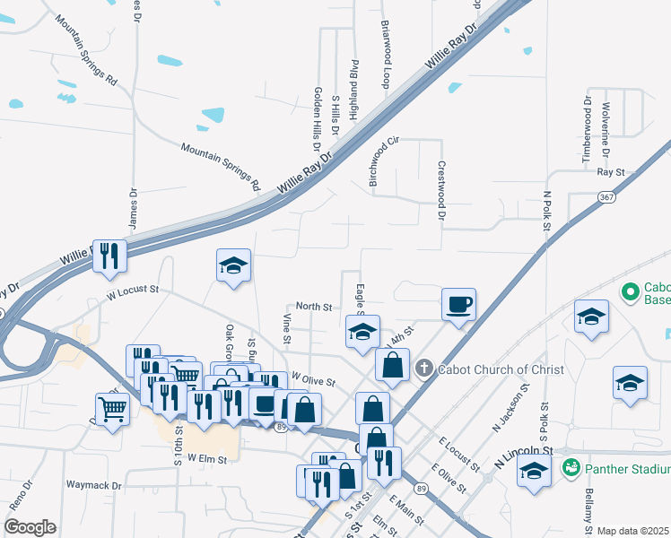 map of restaurants, bars, coffee shops, grocery stores, and more near 112 North Park Street in Cabot