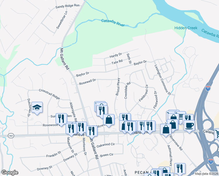 map of restaurants, bars, coffee shops, grocery stores, and more near 332 Brandy Vine Drive in Rock Hill