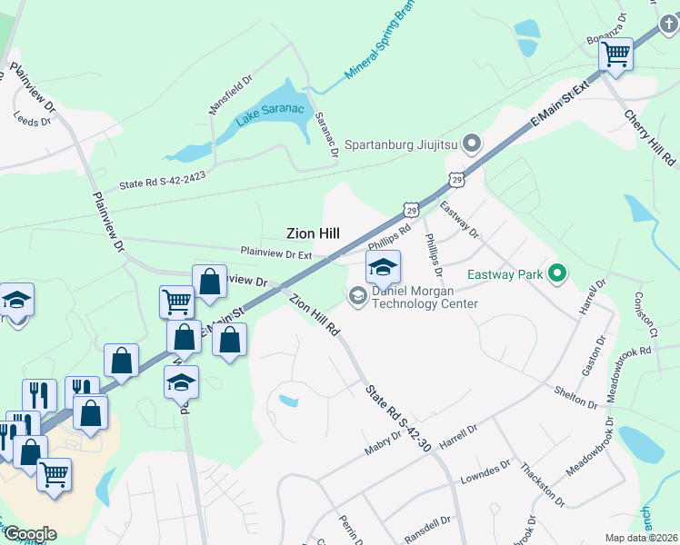 map of restaurants, bars, coffee shops, grocery stores, and more near 604 Blossom Run in Spartanburg
