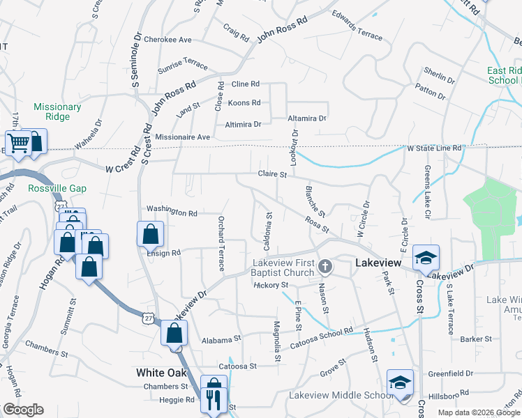 map of restaurants, bars, coffee shops, grocery stores, and more near 817 Caldonia Street in Rossville