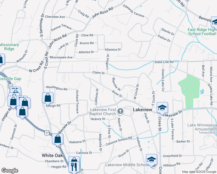 map of restaurants, bars, coffee shops, grocery stores, and more near 188 Rosa Street in Rossville