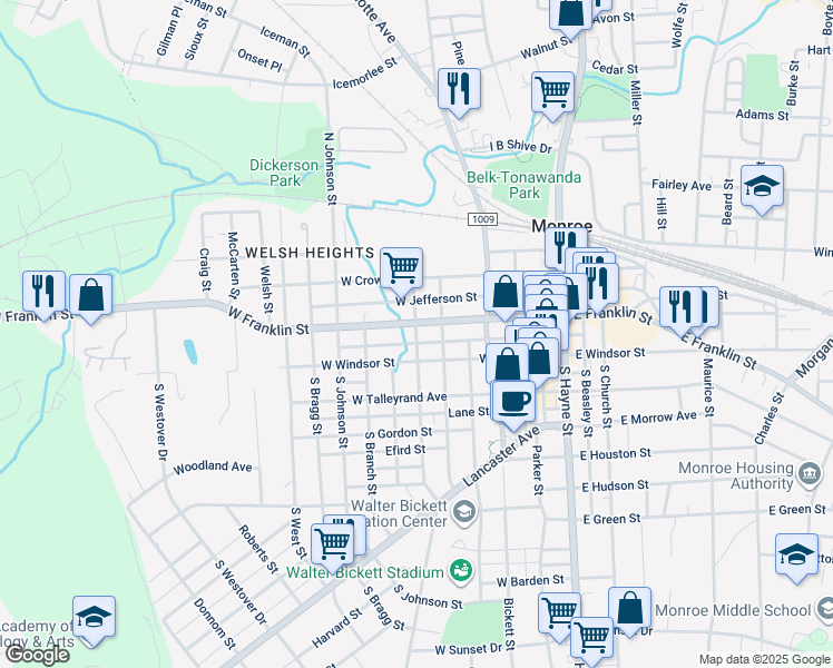map of restaurants, bars, coffee shops, grocery stores, and more near 103 North Crawford Street in Monroe