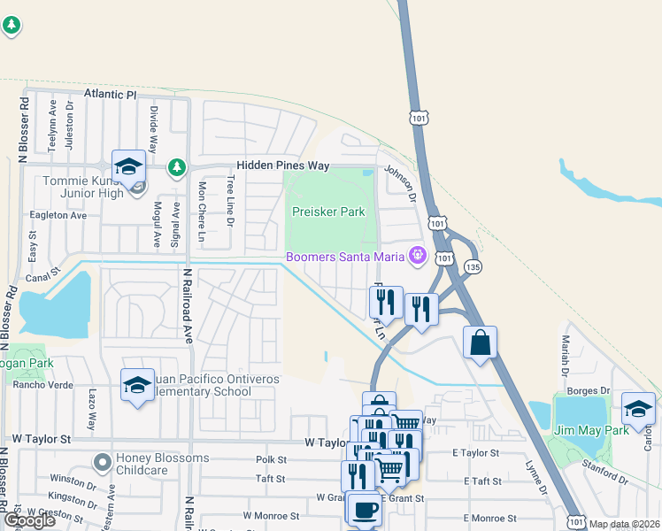 map of restaurants, bars, coffee shops, grocery stores, and more near 2210 Iliff Lane in Santa Maria