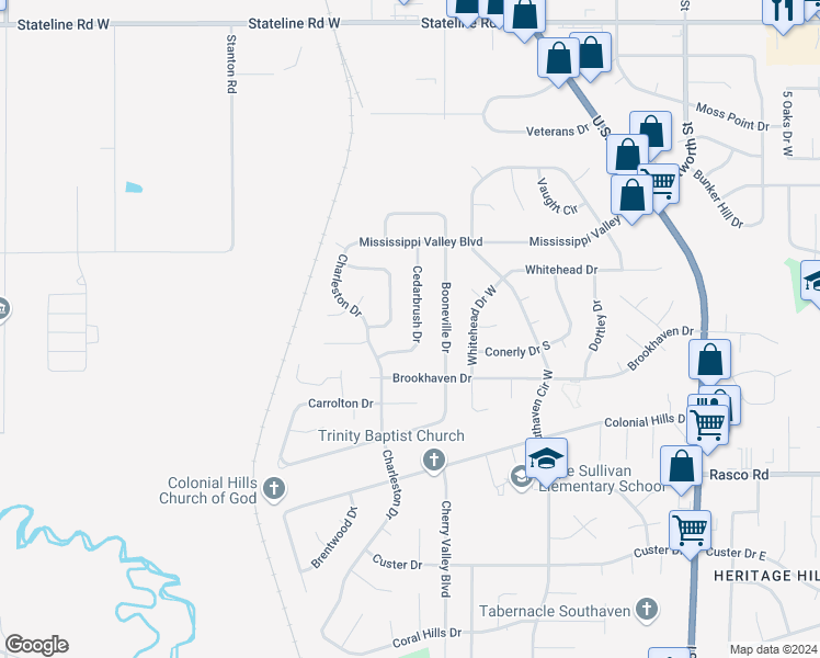 map of restaurants, bars, coffee shops, grocery stores, and more near 8349 Cedarbrush Drive in Southaven