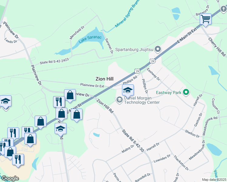 map of restaurants, bars, coffee shops, grocery stores, and more near 201 Zion Hill Road in Spartanburg