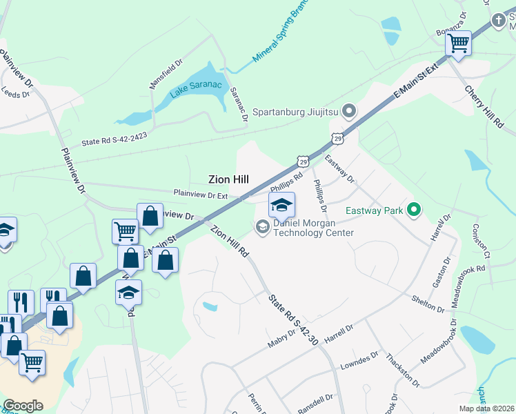 map of restaurants, bars, coffee shops, grocery stores, and more near 604 Blossom Run in Spartanburg