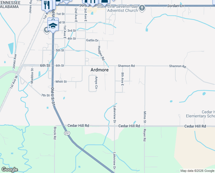map of restaurants, bars, coffee shops, grocery stores, and more near 29299 Lakeview Drive in Ardmore
