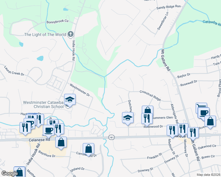 map of restaurants, bars, coffee shops, grocery stores, and more near 2321 Crosstrail Ridge in Rock Hill