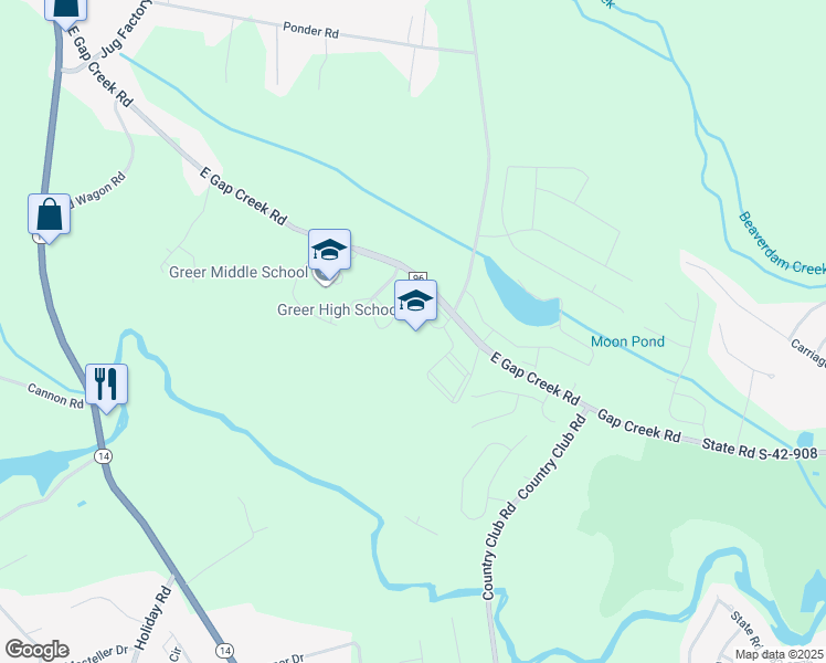 map of restaurants, bars, coffee shops, grocery stores, and more near 3000 East Gap Creek Road in Greer